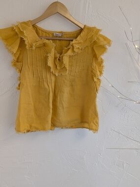 Faherty Mustard Yellow 💯 Linen Ruffle Flutter Sleeve Top Size Small